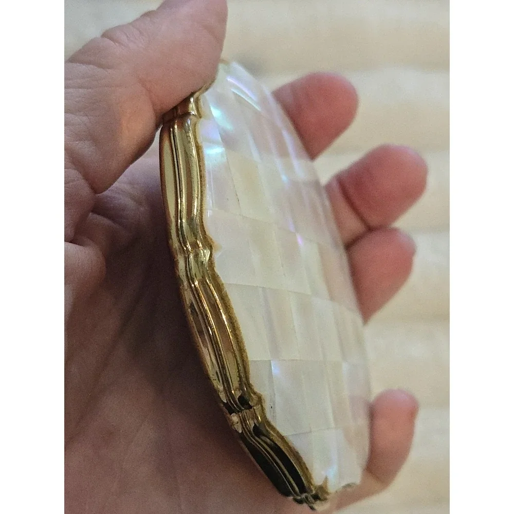 Vintage Stratton Mother of Pearl MOP Pattern Gold Tone Compact Mirror & Case